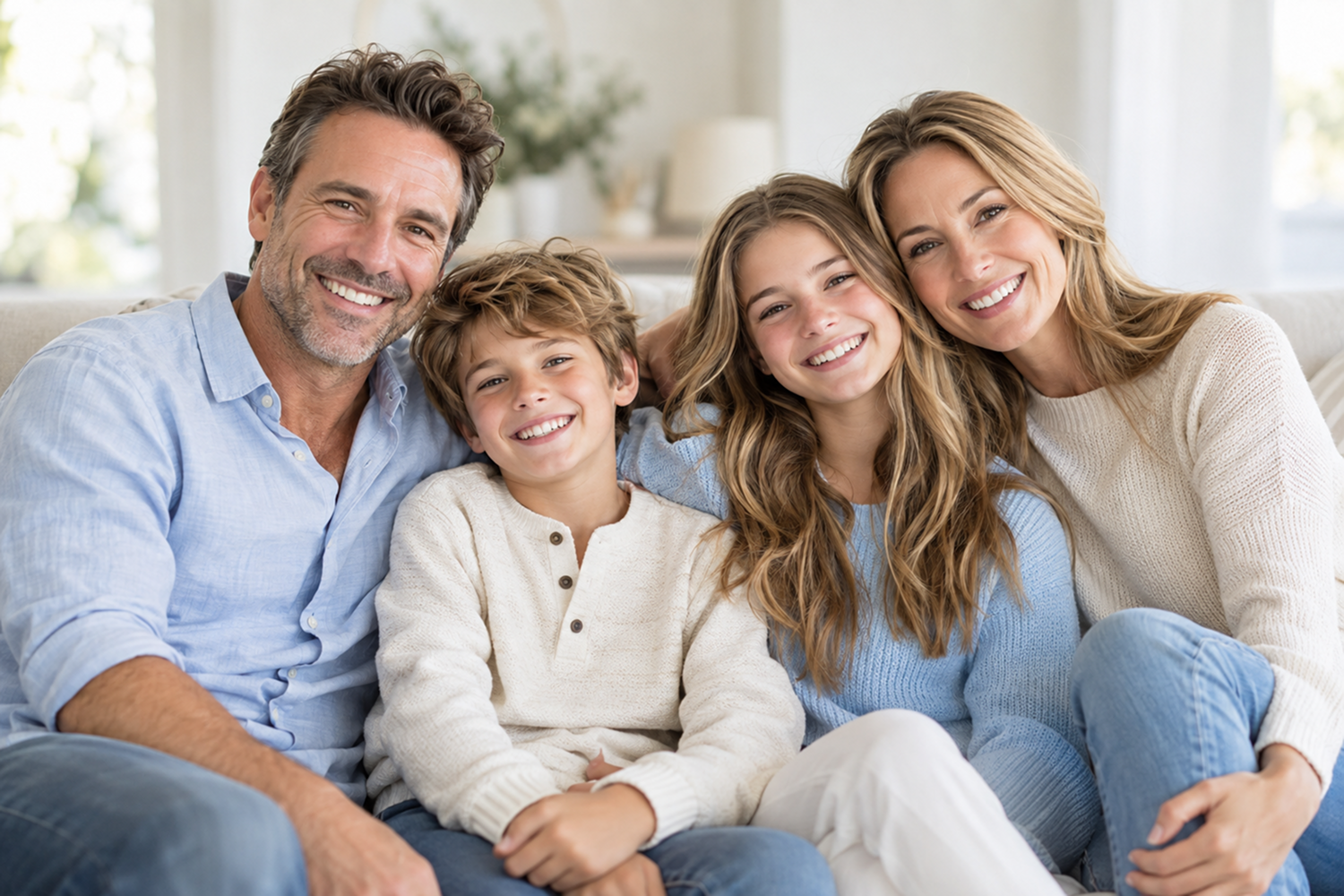 Une famille souriante, parents et enfants réunis